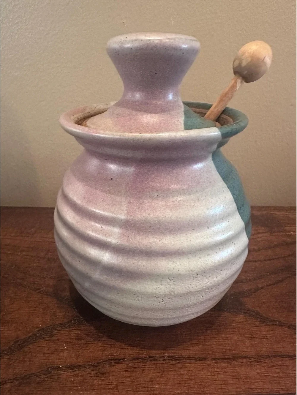 Handmade Teal & Lavender Stoneware Honey Pot with Bees with Honey Dipper